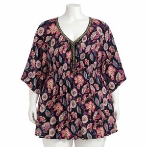 Catherines 2X‎ Paisley Floral Pleated Beaded V Neck 3/4 Sleeve Tunic Top Blouse